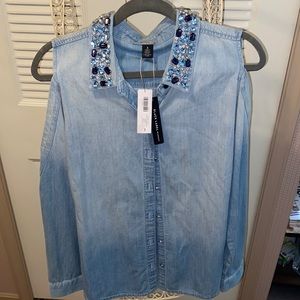 Chicos denim cold shoulder button down embroidered top. Plus size